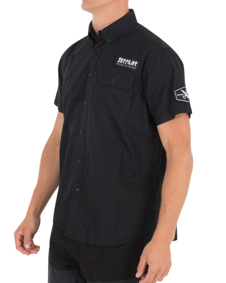 Jetpilot Goodtimes Men's Stylish Black Short Sleeve Button - Up Shirt with Badges (S17653)