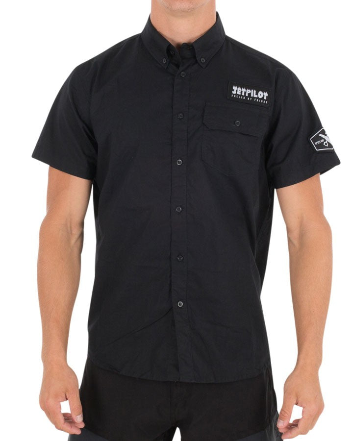 Jetpilot Goodtimes Men's Stylish Black Short Sleeve Button - Up Shirt with Badges (S17653)